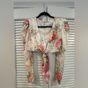 HEMANT & NANDITA sz SM Floral Tie-Front Blouse in Pink and Green